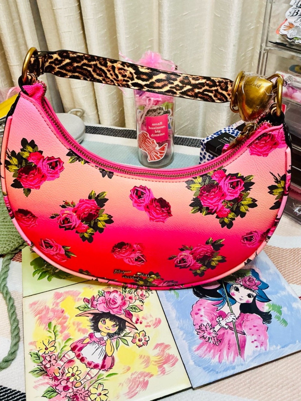 🌹 Betsey Johnson Ombre Rose & Leopard Crescent Bag